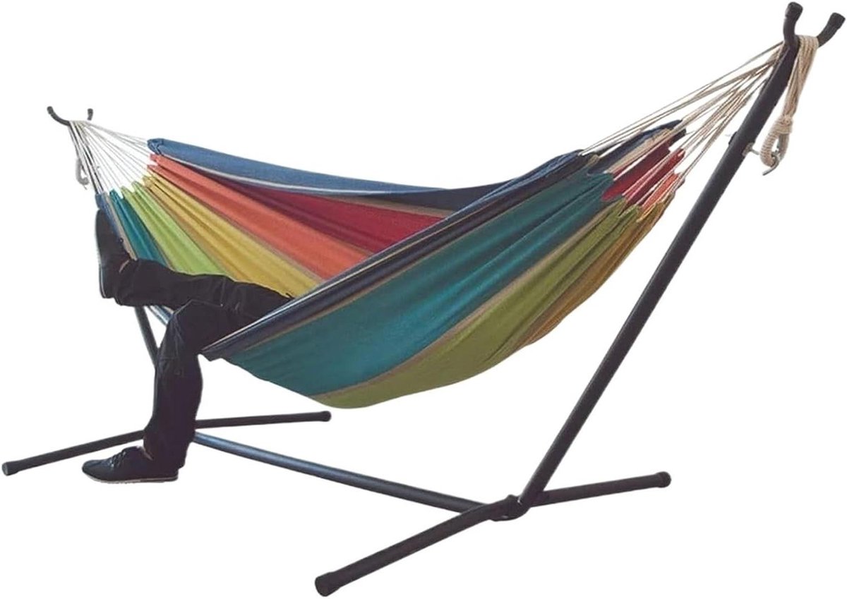 Dubbele Hangmat - Buitenhangmat Tuinhangmat - Ontspannen Buiten - Met Stalen Standaard - 265x150 cm - Gestreepte Kleuren