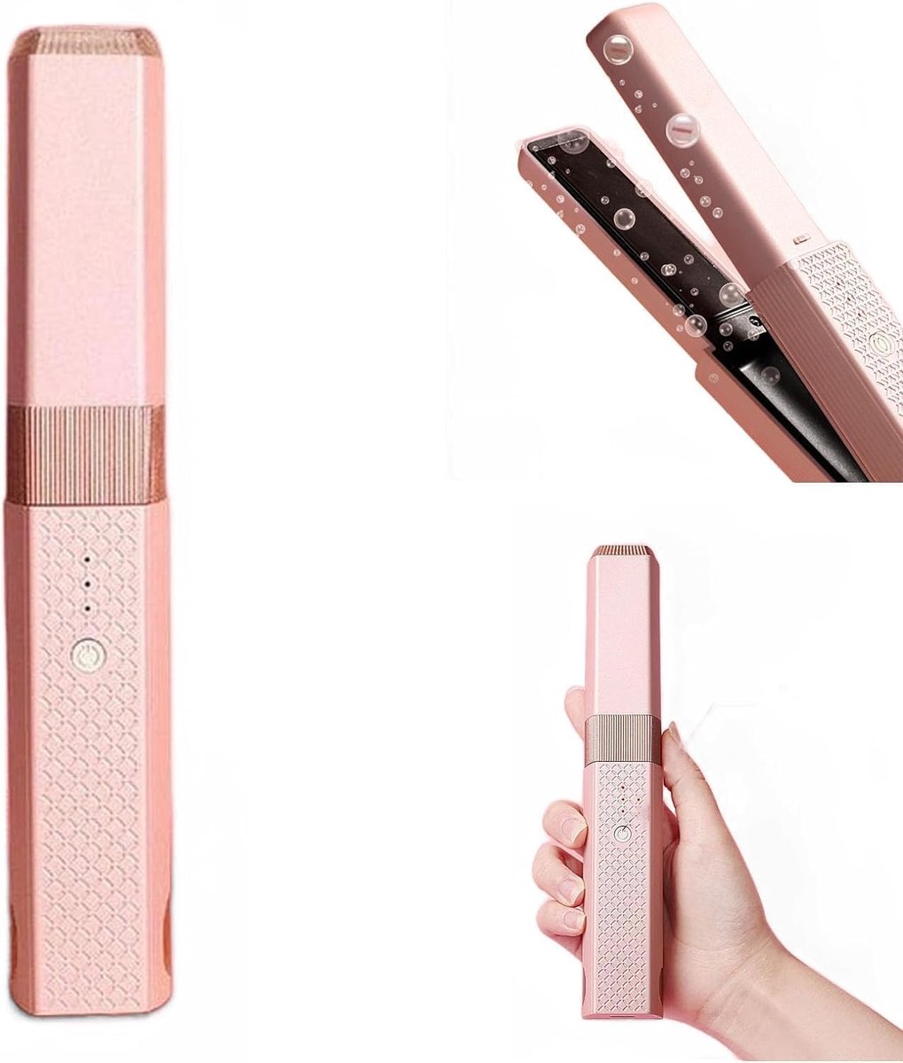 Draagbare stijltang, draagbare mini draadloze stijltang, USB oplaadbare draadloze stijltang, mini krultang Geschikt voor dubbele functie (roze)