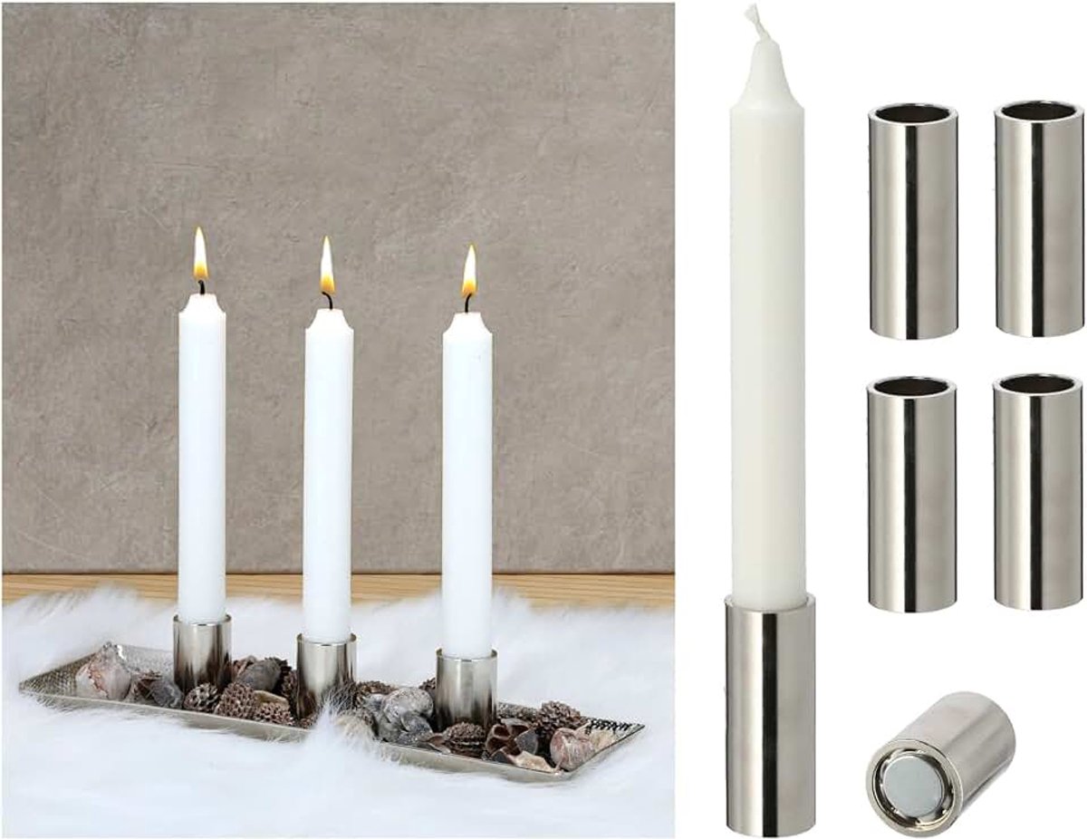 4 x kandelaar magnetisch 2,5 x 7,5 cm zilveren kaarsenpik, kerstdecoratie, adventskrans, kaarsenhouder, woonkamerdecoratie, kaarsenhouder, staafkaarsen, magneet, tafelkaarsen