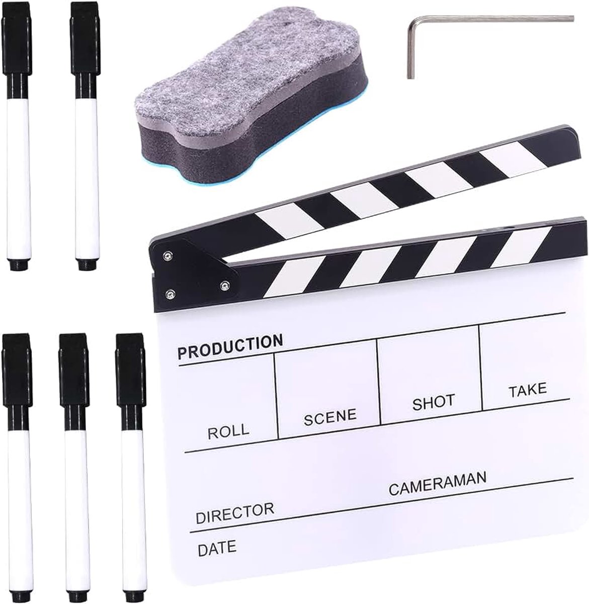 8 stuks 25 x 30 cm zwarte acrylfilm filmregisseurs dakspaan kit, 1 stuks magnetische schoolbordgum, 1 stuks M3 zeskantsleutel en 5 stuks pennen droog wissen directeur klepel coating board