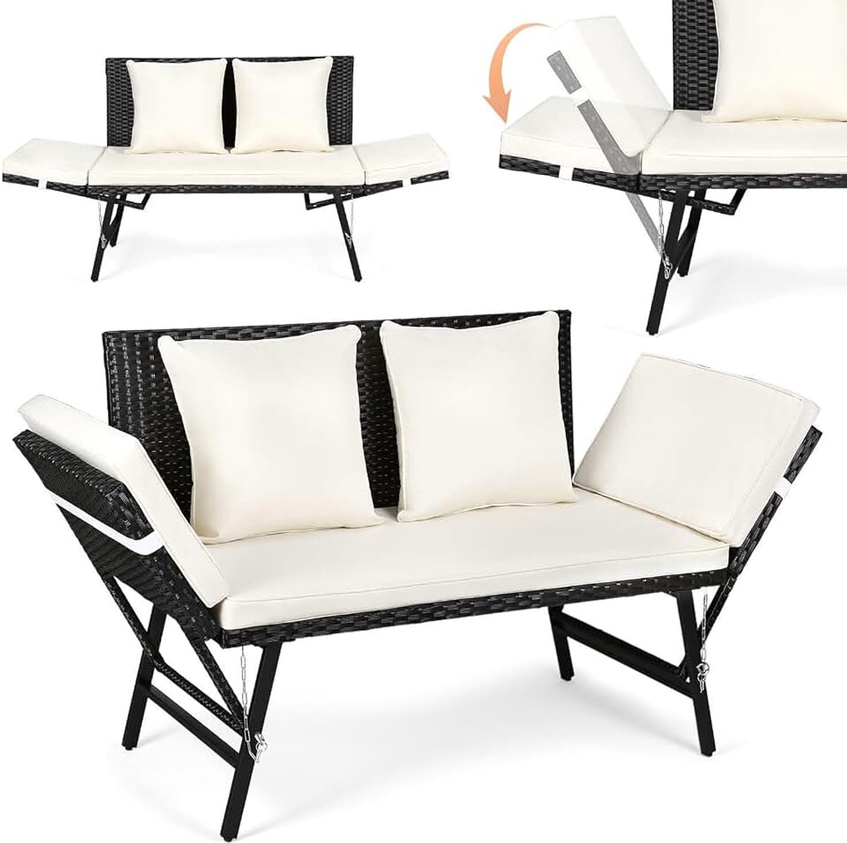 Polyrattan 3-in-1 met ligfunctie, 2-persoons balkonstoel die kan worden uitgeklapt als zonnebank, neerklapbare armleuningen, afneembare hoezen, outdoor loungemeubels voor tuin, balkon