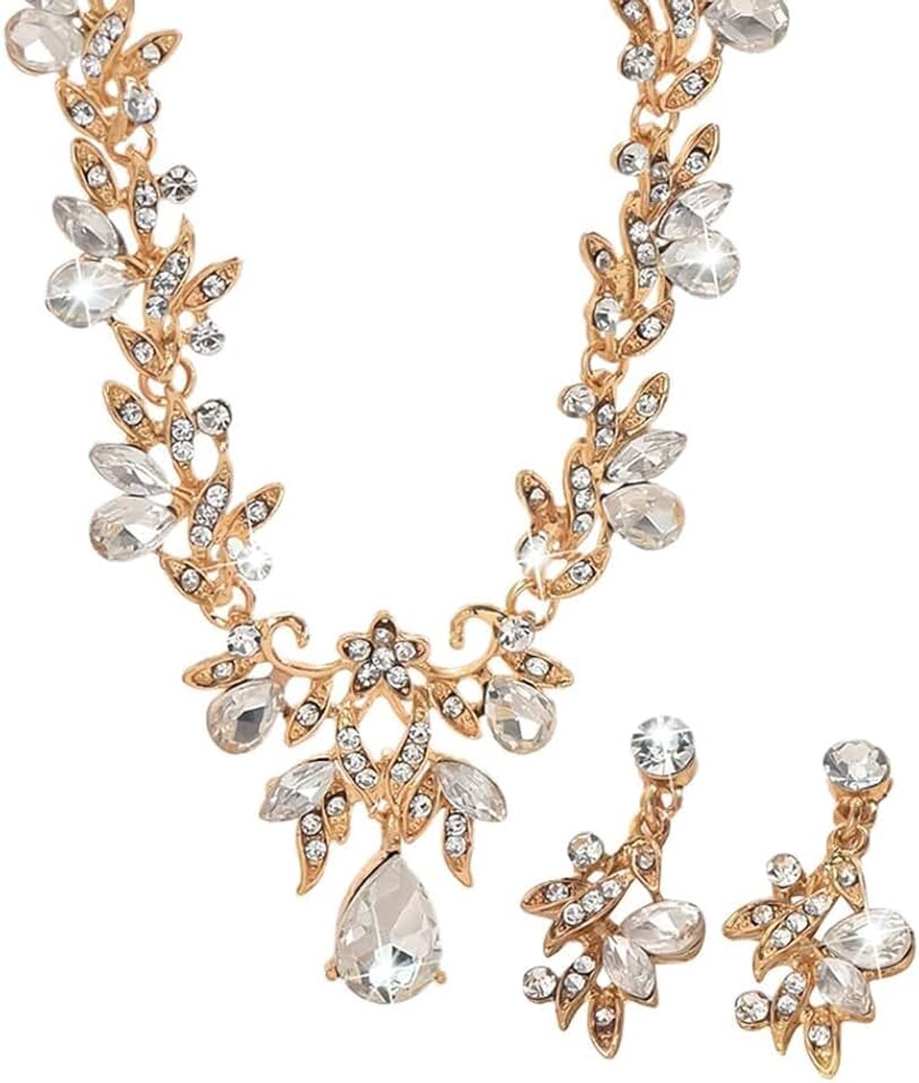 2-delige set met halsketting, oorbellen, bladeren, kristal, glanzend, elegante damessieraden, bruidssieraden, accessoires voor ceremonies