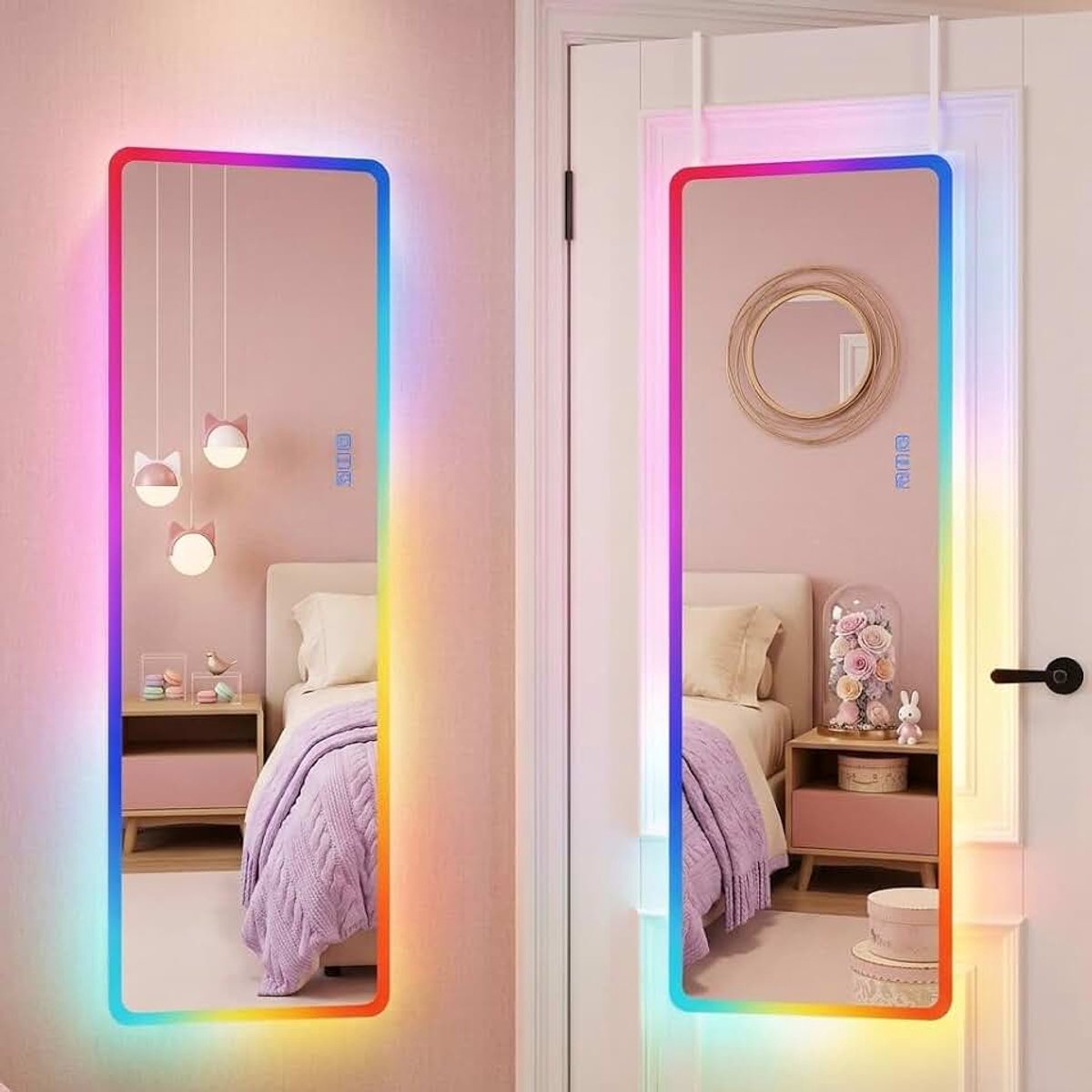 Volledige spiegel met verlichting RGB, kleurrijke LED, 120 x 40 cm, moderne, volledig lichaam, rechthoekig, hangende spiegel boven de deur, voor slaapkamer, geschenken