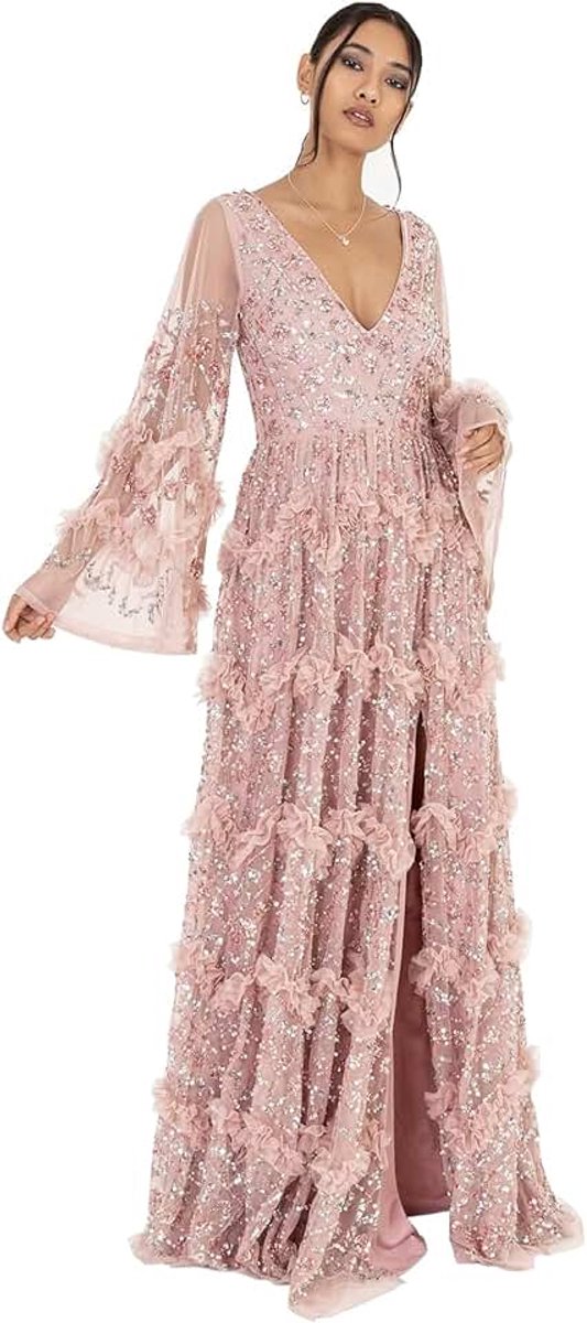 Deluxe Women's Ladies Maxi Dress V Neckline Sequin With Ruffle Empire Waist Slit Split For Prom Ball Bridesmaid Wedding Guest dames Gekleed