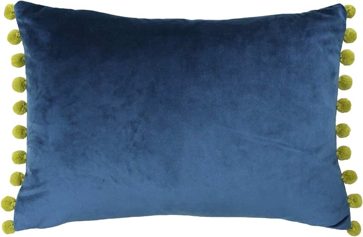 Paoletti Fiesta Rechthoekige kussenhoes - Indigo Blauw - Olijfgele Pomponranden - Faux Fluweel - Omkeerbaar - Ritssluiting - 100% Polyester - 35 x 50cm (14" x 20")