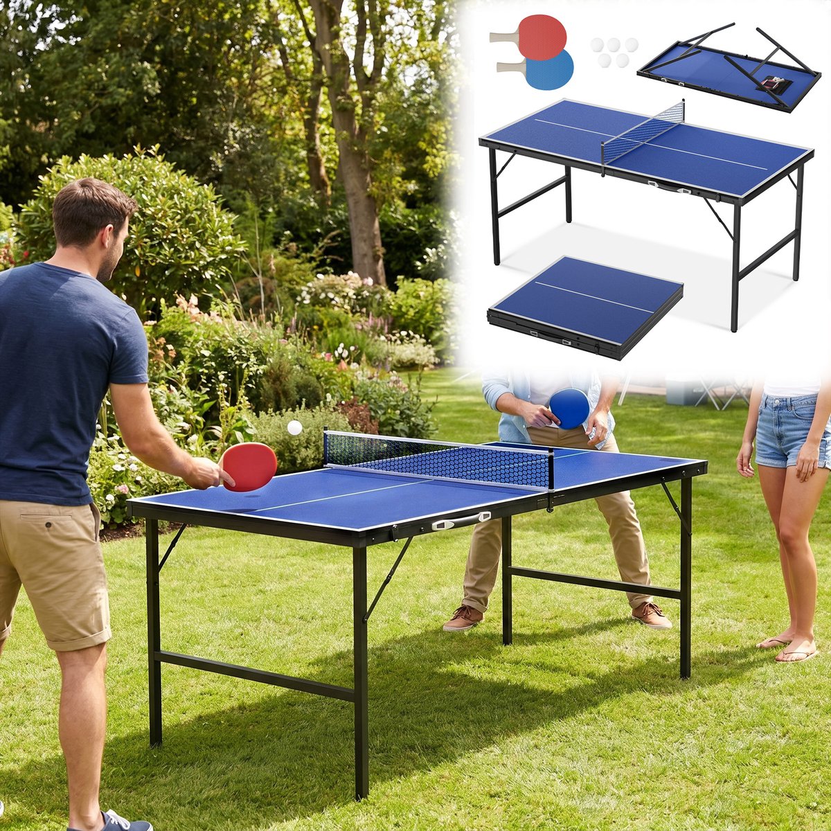 AUFUN Opvouwbare Tafeltennistafel (152,5 x 76 cm) – Blauw – Draagbaar Ontwerp In Kofferstijl, Geschikt Voor Binnen En Buiten – Complete Set Inclusief Net, 2 Batjes, 5 Balletjes En Een Geïntegreerde Opbergtas.