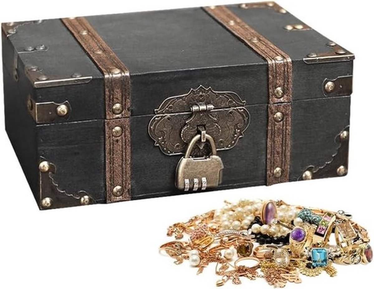 Houten schatkist met cijferslot voor kinderen - Vintage design, bruiloft decoratie - 24 x 17 x 9,5 cm