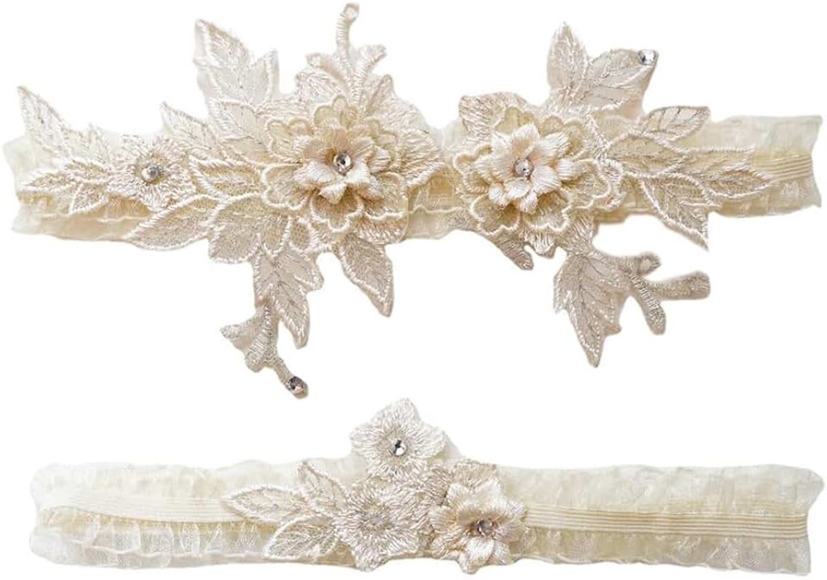 2 stuks kousenband set bruidskousenband borduurwerk kant bloemen kousenbanden sexy rekbaar dijband dijring voor dames meisjes bruid bruiloft accessoires beige one size