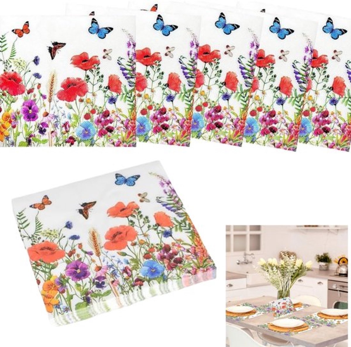 20 Kleurrijke Papieren Servetten met Bloemen en Vlinders