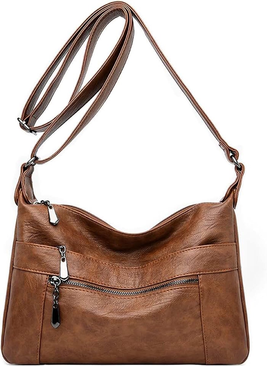 Lederen crossbody tassen multi pocket zachte dames lederen schouder handtas lichtgewicht met verstelbare schouderriem, Bruin 4021, Small