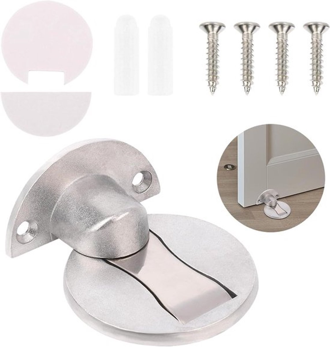 Deurstopper van Aluminiumlegering voor Vloer met Magnetische Werking - Boorvrij - Voor Thuis, Kantoor en Schoolgebouwen - Zilverkleurig