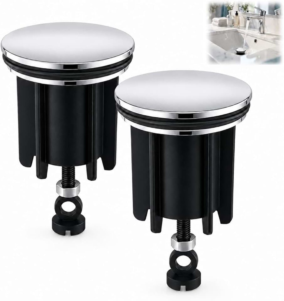 2 stuks stoppen voor wastafel bidet, universele wastafelstop met haarfilter, verstelbare afvoer, 40 mm, gootsteen met anti-verstopping systeem voor wastafel, bidet, keuken, zwart, eenvoudig te