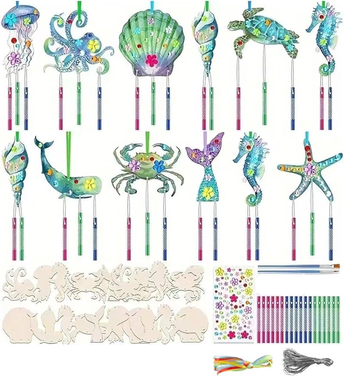 Burkfeeg 12-delige set zeedieren windgong hout knutselset kinderen | Windgong knutselset voor kinderen, oceantieren, klankspel, creatieve sets, cadeau voor verjaardag, school, feest