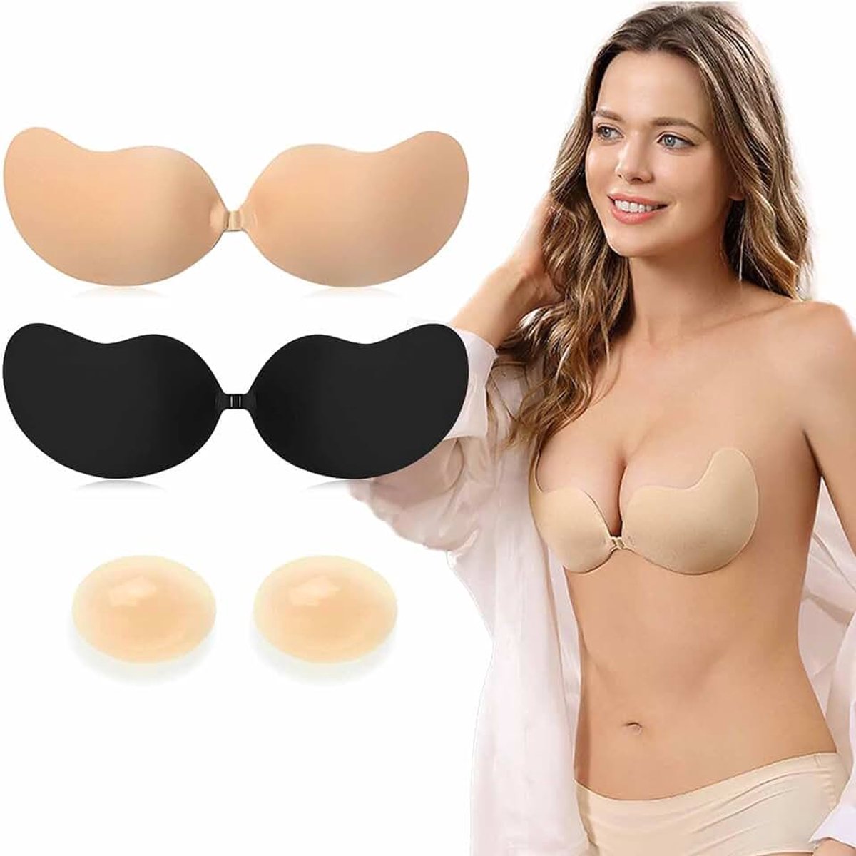 Plakbeha, push-up, 2 stuks, zonder bandjes, met 1 paar tepelpads, onzichtbaar herbruikbaar, siliconen, huidvriendelijk