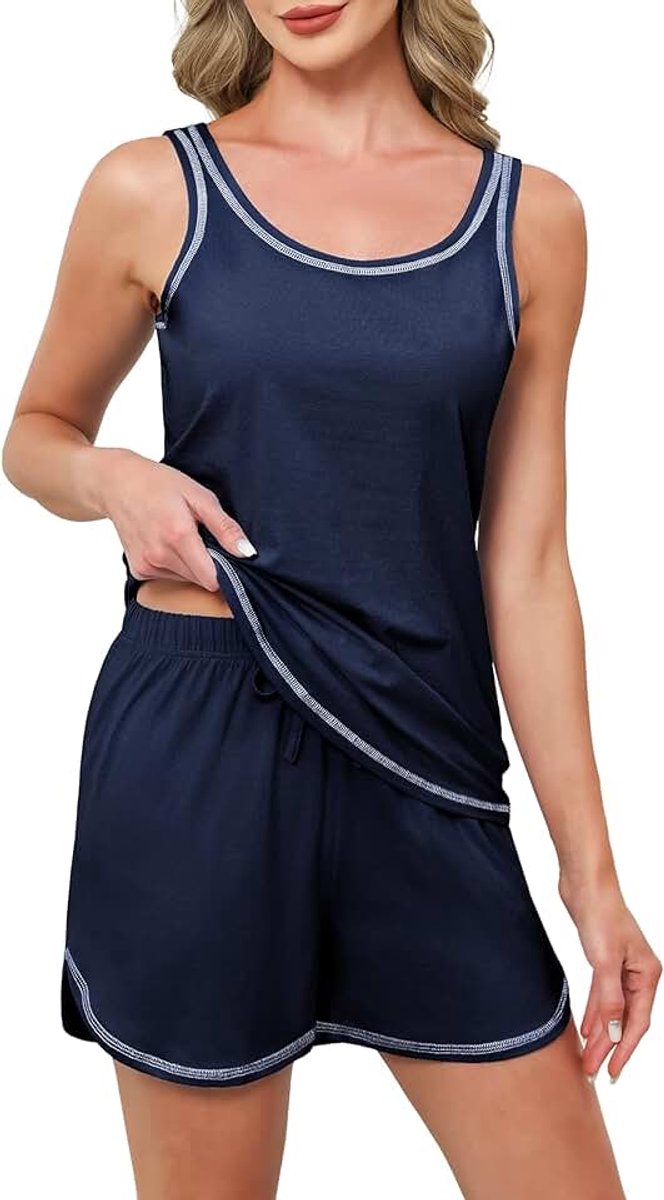 Pyjama Dames Set van Katoen met Korte Mouwen, Bestaande uit een Topje en Een Shortje, Mouwloze Zomer Nachtkleding