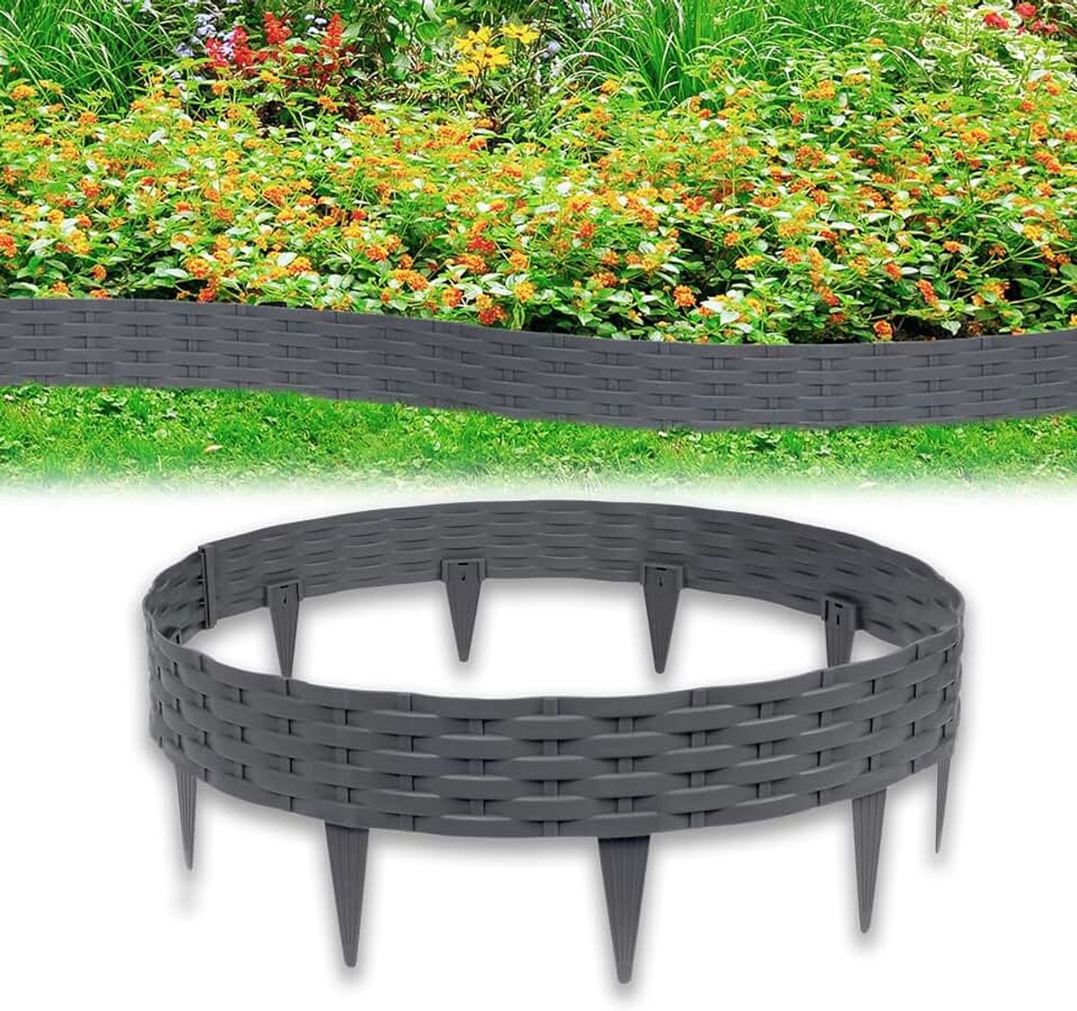 Rotan Buitenkant Bedranden Borderrand Graszoden Set Tuinafboording 100cm Bedranden Plastic Gazonranden Plastic Gazon Border Omheining Tuinrand Gazonrand (5m=5 Stuks, Antraciet)