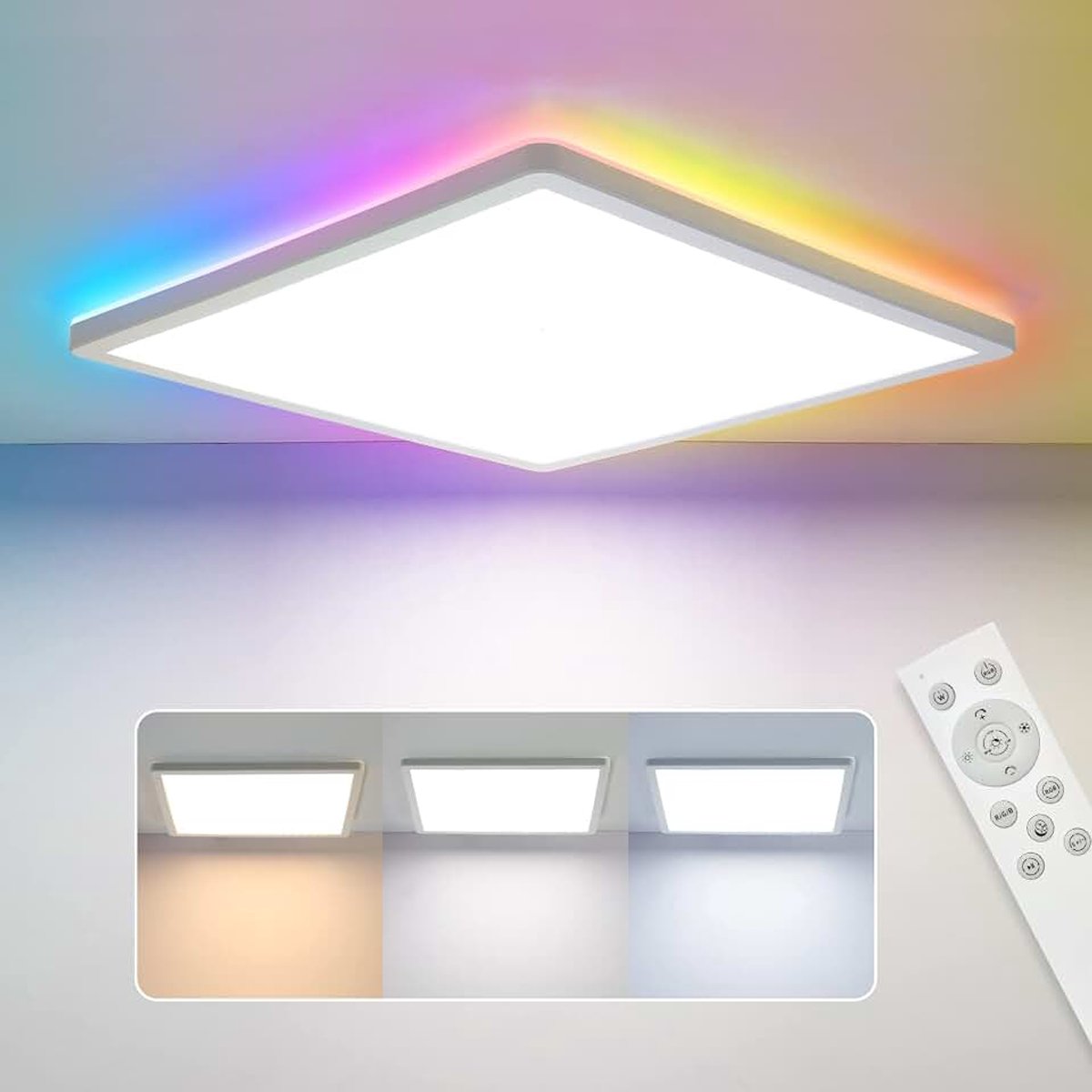 Plafondlamp, led-plafondlamp, dimbaar met afstandsbediening, ledpaneel, 24 W, 2400 lm, 3000-6000 K, 30 cm, voor slaapkamer, hoekig, wit