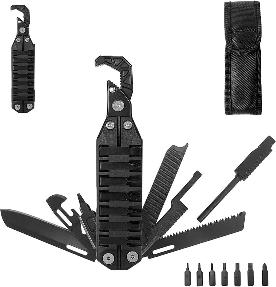 Multitools 10-in-1 Zakmultitool met sleutel, blikopener, flesopener, zaag, schroevendraaierset, fluitje, vuurstarter, vijl, opvouwbare multitool voor buiten, kamperen, reparatie