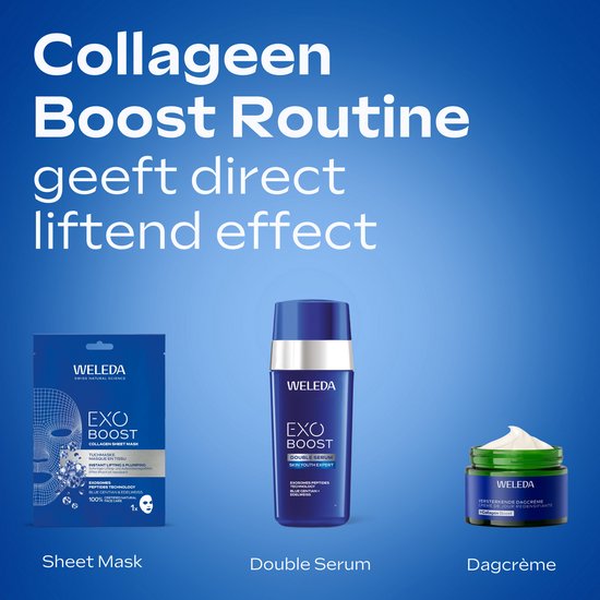 Collageen Boost Routine geeft direct liftend effect: sheet mask, dubbel serum en dagcrème van Weleda in blauwe en groene verpakkingen.