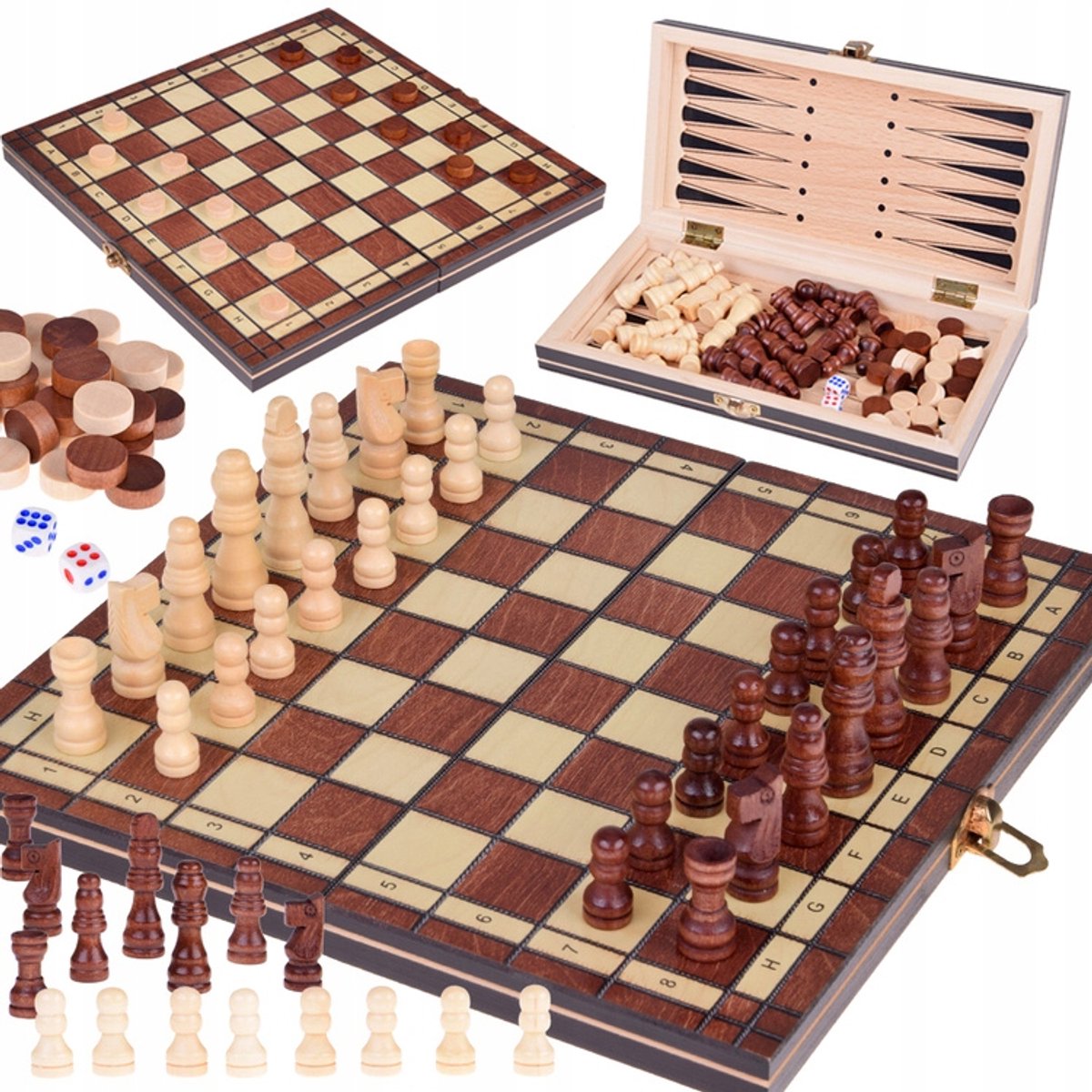 Houten 3-in-1 Schaken, Dammen & Backgammon Spel - 24x24cm