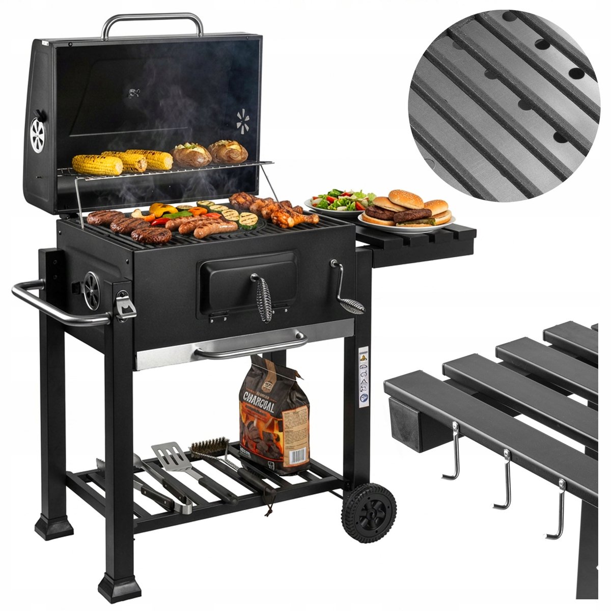 Grote gietijzeren kolenbarbecue met wielen, thermometre en opbergvakken