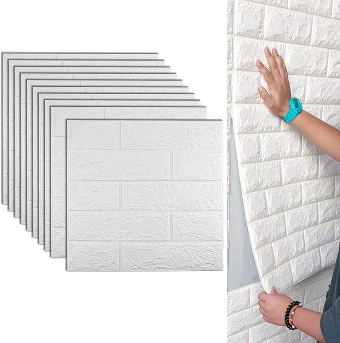 Behang, wandpanelen, zelfklevend, 10 stuks, afneembare baksteenstickers, 3D-baksteenbehang, bakpatroon, voor woonkamer, slaapkamer, kinderkamer (35 x 38,5 cm, wit)