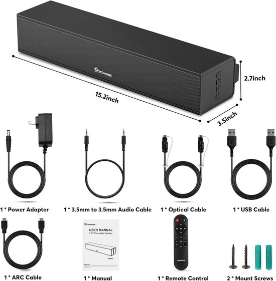 Soundbar met Subwoofer - Tv Luidspreker - Film Kijken - Spraakverbetering 6 Niveaus - 15 inch - Zwart van Merkloos — afbeelding 4