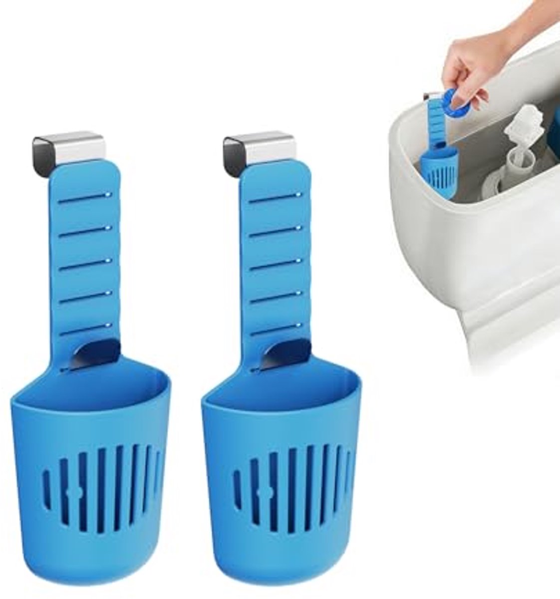 Toilettablettenhouder - verstelbaar hangend dispenser voor bleekmiddeltabletten grote siliconen mand roestvrije haken tot 18 cm reservoir hoogte blauw