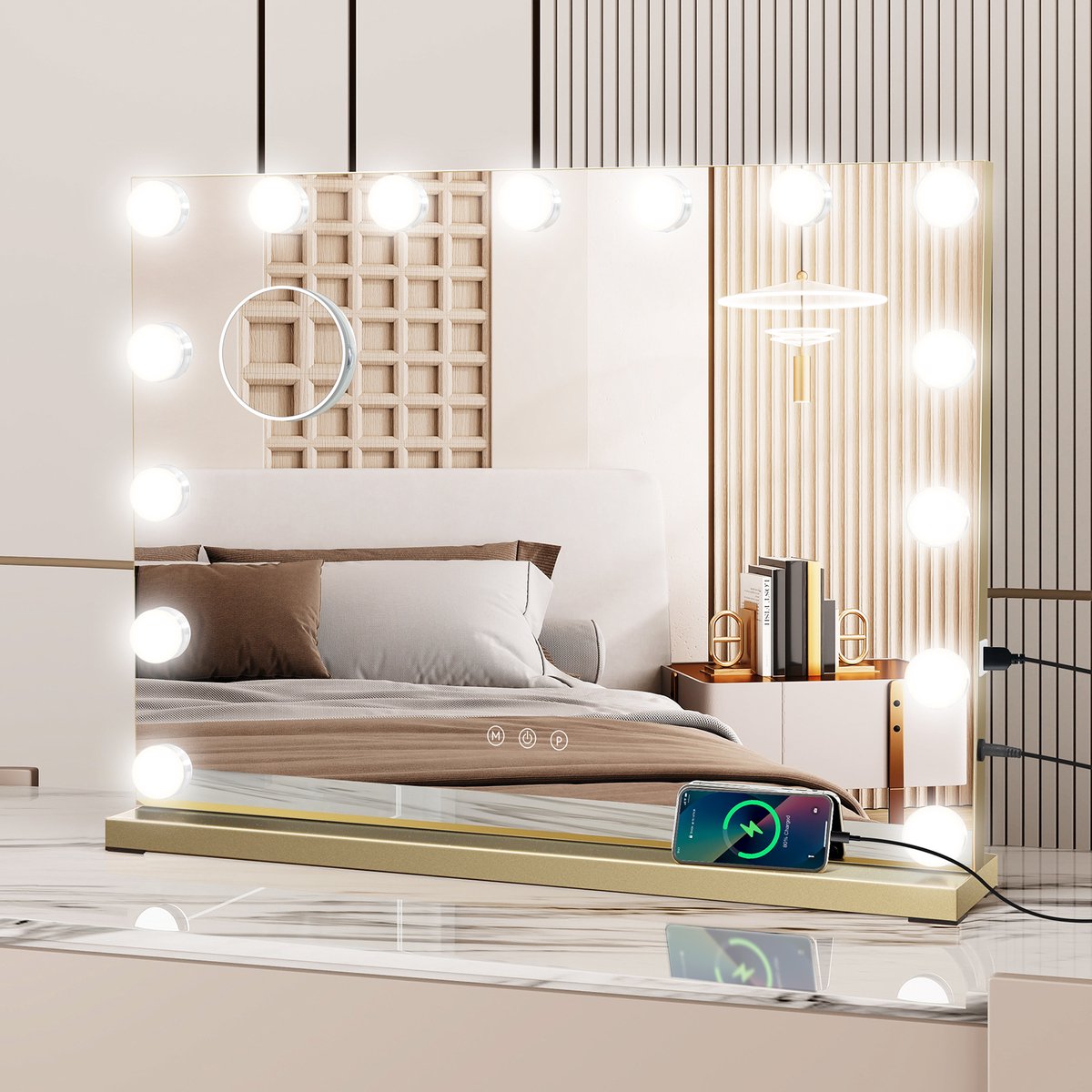 Puluomis Hollywood Spiegel 58x46CM - Spiegel met verlichting - 15 LED Lampen - USB Oplaadpoort - 10X Vergroting - 3 lichtstanden - Dimbaar - Smart Touch - Goud