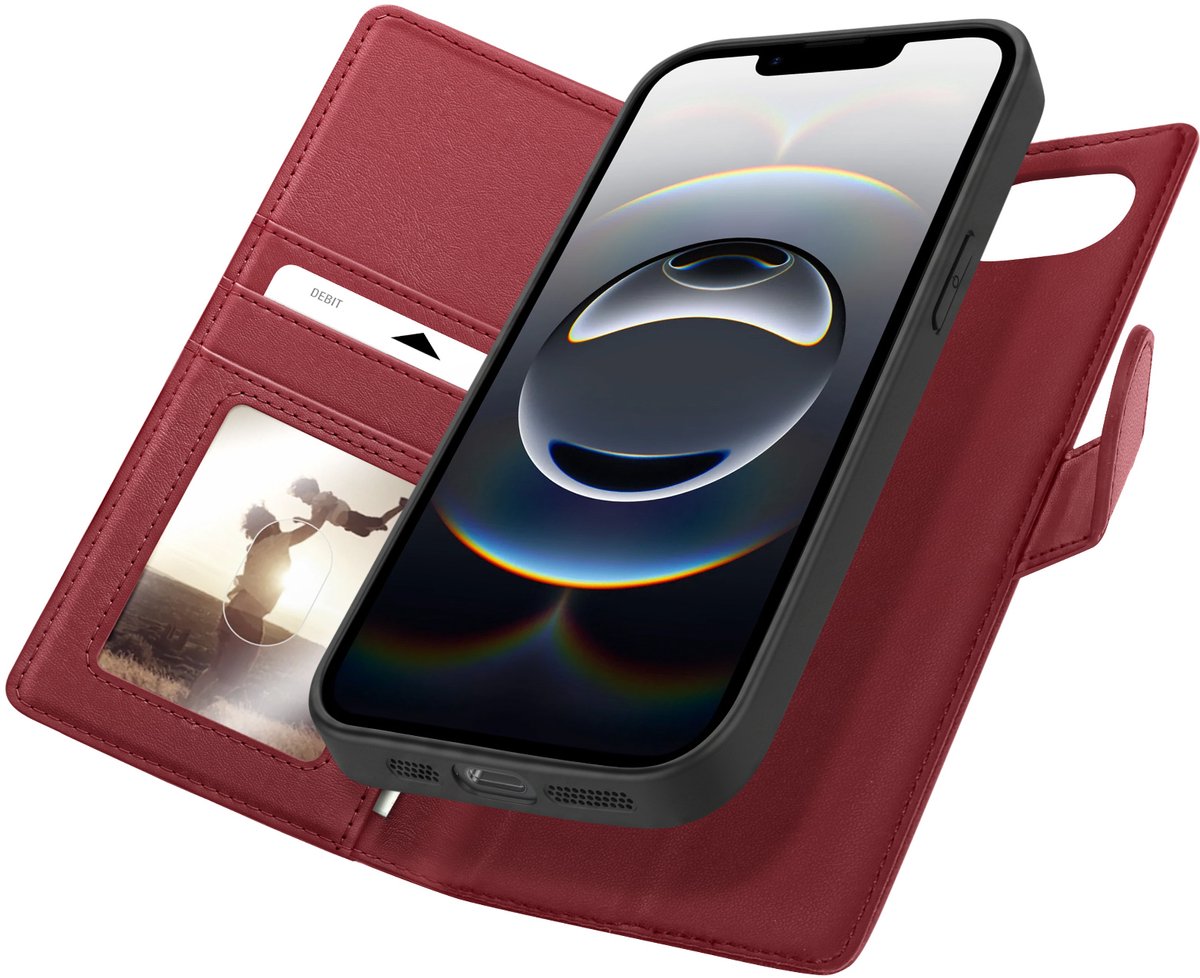 Mayaxess, Portemonnee Hoesje Geschikt voor Apple iPhone 16e Anti-RFID met Afneembare Backcover, Rood