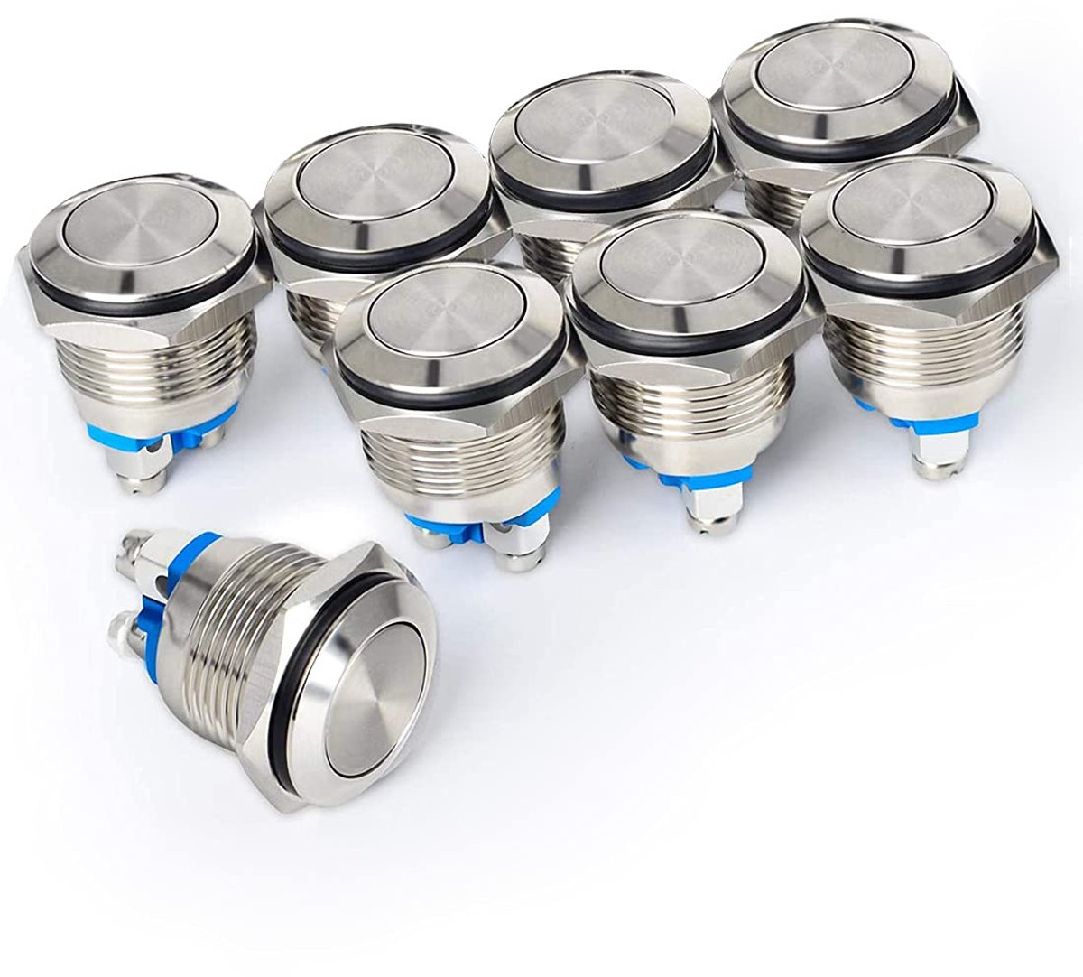 8 stuks 16mm 2A 12V/24V/125V/250VAC Momentary Waterdichte Drukknop met Schroefaansluitingen Roestvrijstalen Drukknop (Platte Kop)
