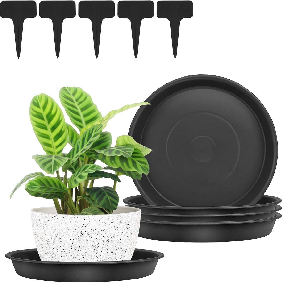 Bloempotonderzetters, plantenonderzetters, onderzetters voor bloempotten, kunststof bloemenonderzetters voor binnen- en buitenplanten, 5 met plantenetiketten (24,5 cm, zwart)