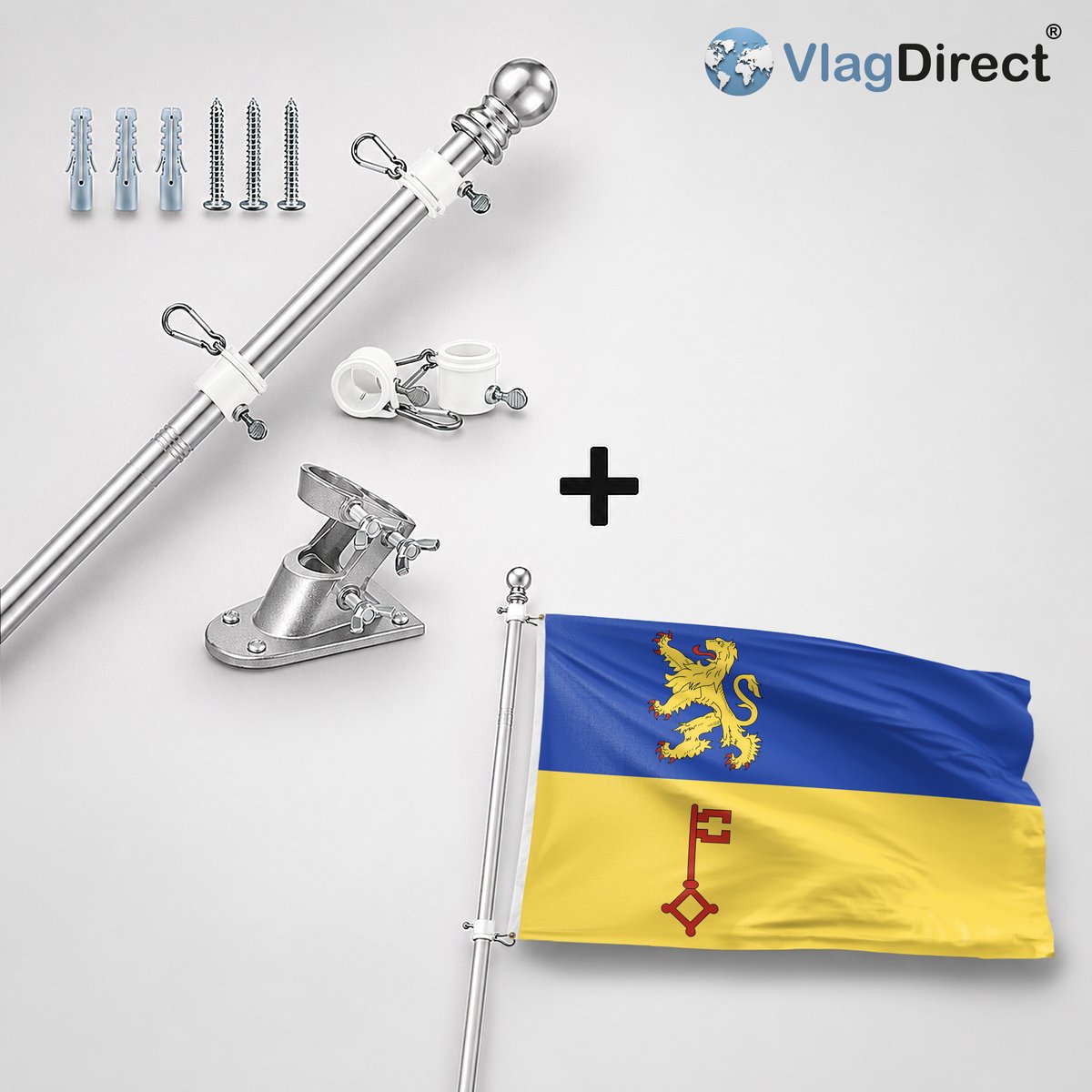 VlagDirect - Compleet vlaggenpakket - Zilveren vlaggenstok inclusief vlaggenstokhouder + Vught vlag - Gemeente Vught vlag - 90 x 150 cm.