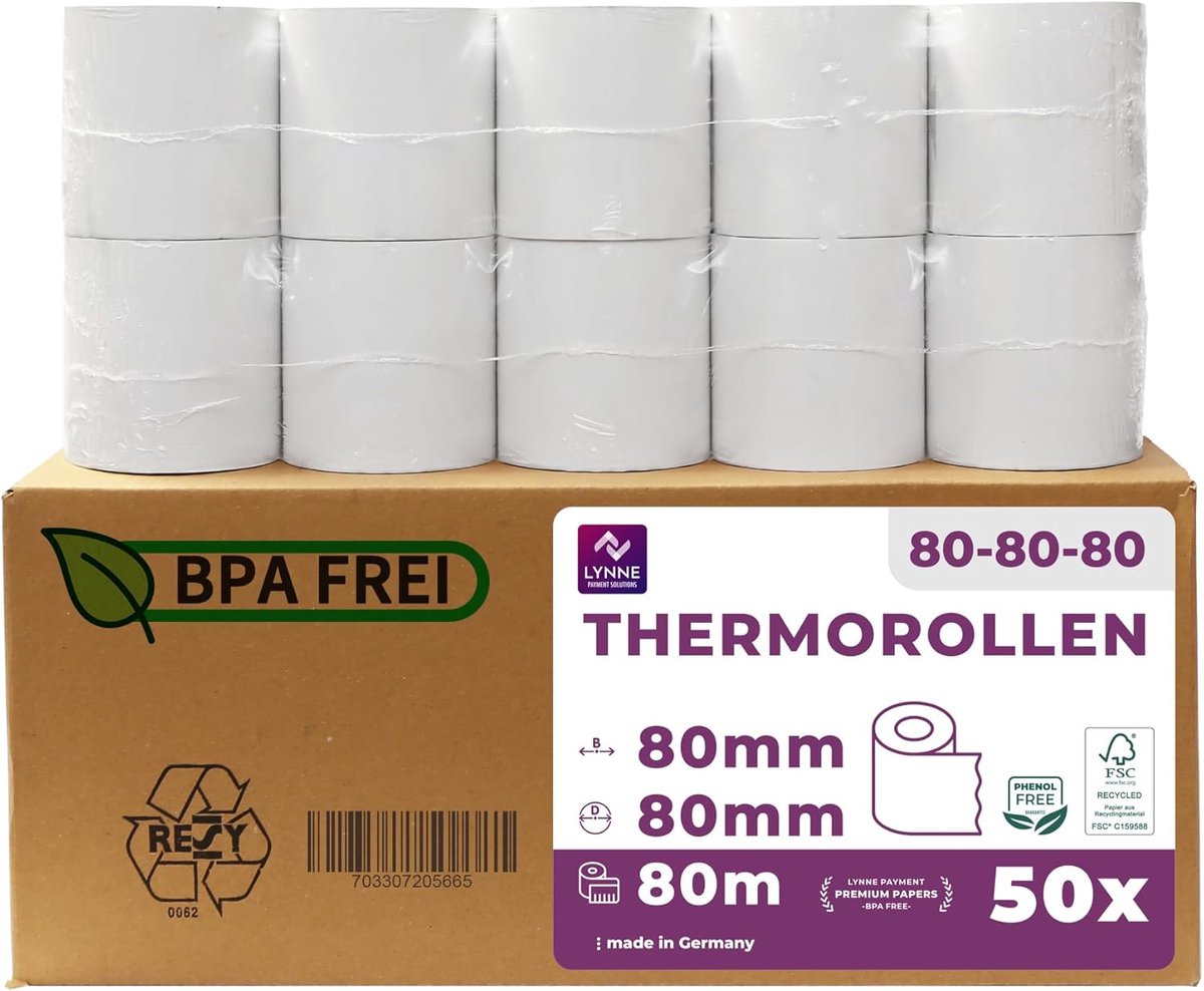 LYNNE - cash register rolls 80x80 thermorolls - thermorollen 80x80x12 - cash register roll 80 mm x 80 m x 12 mm - [50x] - ShopVlot