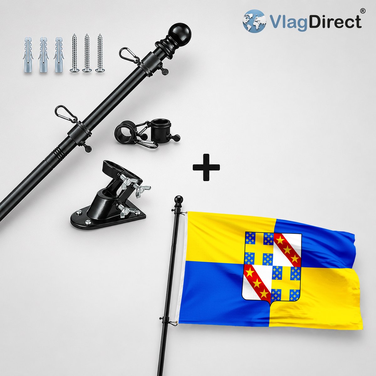 VlagDirect - Compleet vlaggenpakket - Zwarte vlaggenstok inclusief vlaggenstokhouder + Gemeente Gesves vlag - 90 x 150 cm.