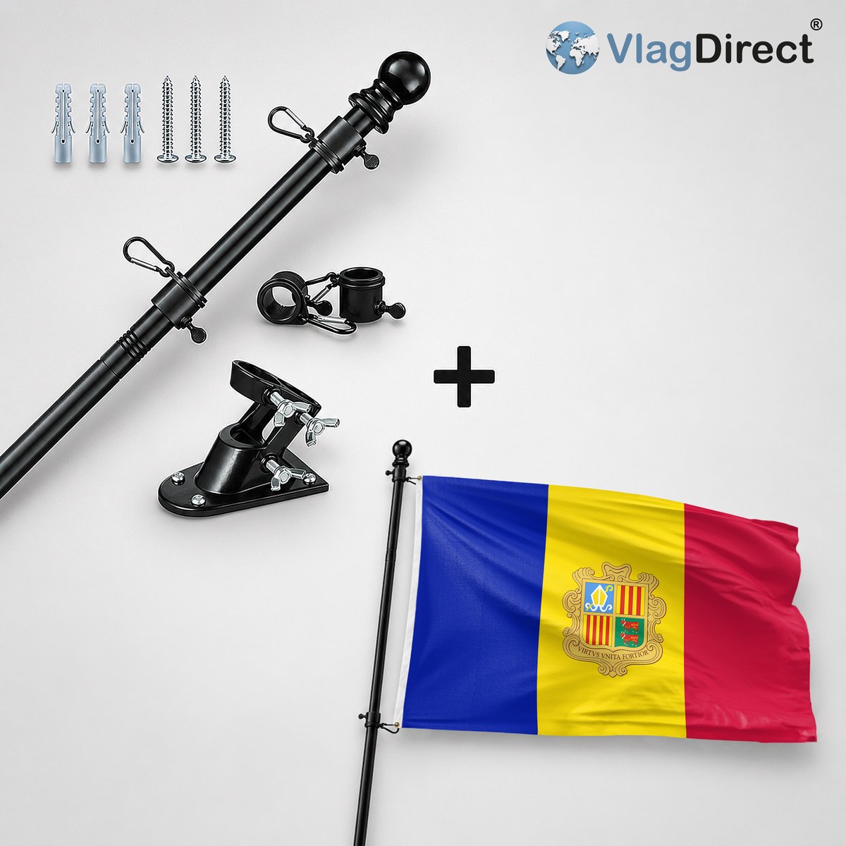VlagDirect - Compleet vlaggenpakket - Zwarte vlaggenstok inclusief vlaggenstokhouder + Andorraanse vlag - Andorra vlag - 90 x 150 cm.