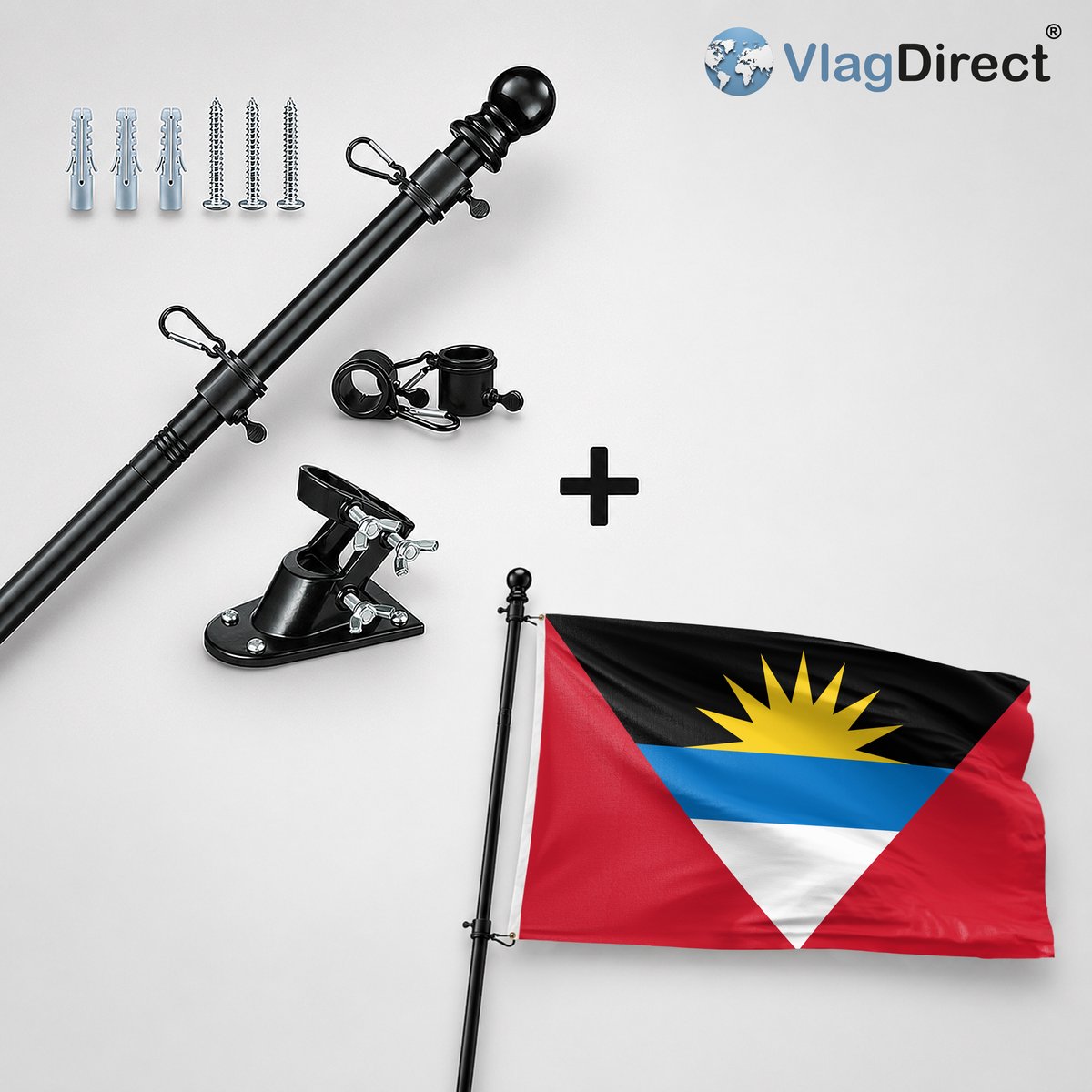 VlagDirect - Compleet vlaggenpakket - Zwarte vlaggenstok inclusief vlaggenstokhouder + Antiguaanse vlag - Antigua en Barbuda vlag - 90 x 150 cm.