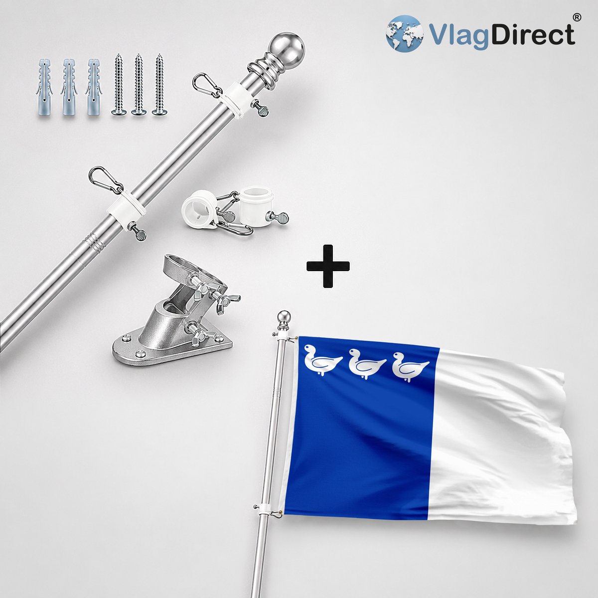 VlagDirect - Compleet vlaggenpakket - Zilveren vlaggenstok inclusief vlaggenstokhouder + Gemeente Thuin vlag - 90 x 150 cm.