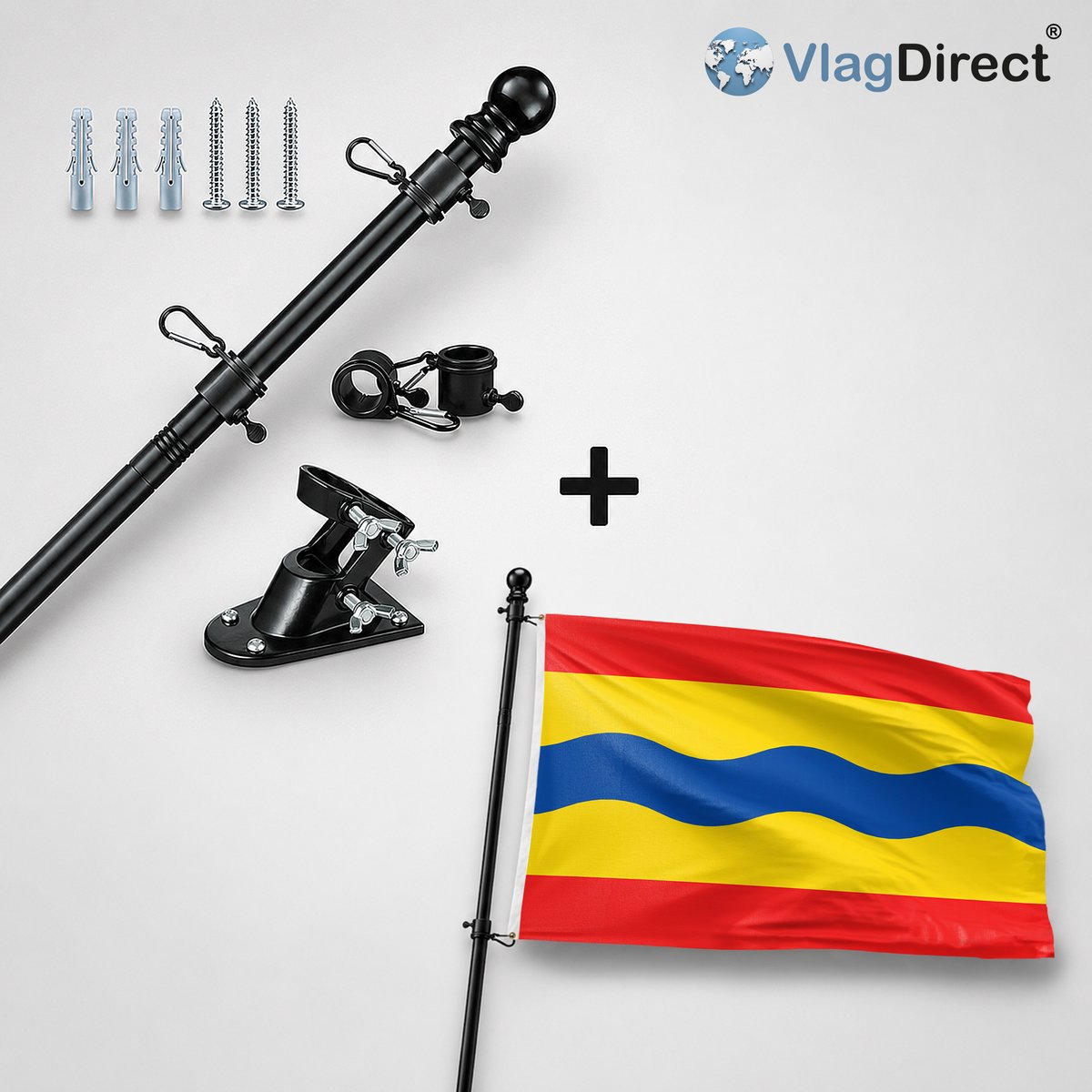 VlagDirect - Compleet vlaggenpakket - Zwarte vlaggenstok inclusief vlaggenstokhouder + Overijsselse vlag - Overijssel vlag - 90 x 150 cm