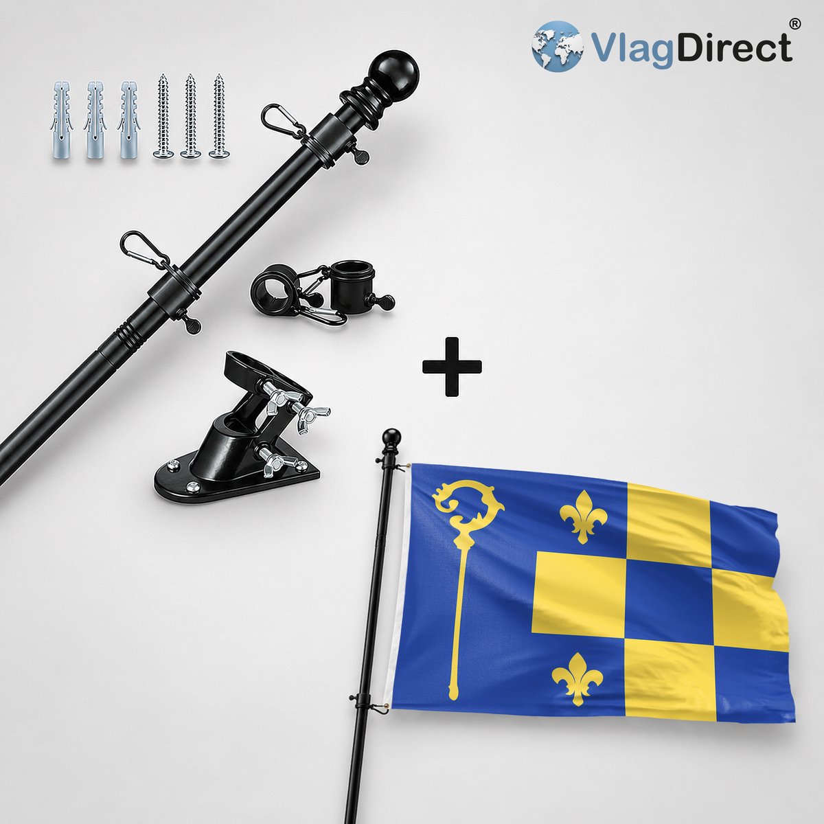 VlagDirect - Compleet vlaggenpakket - Zwarte vlaggenstok inclusief vlaggenstokhouder + Heumen vlag - Gemeente Heumen vlag - 90 x 150 cm.