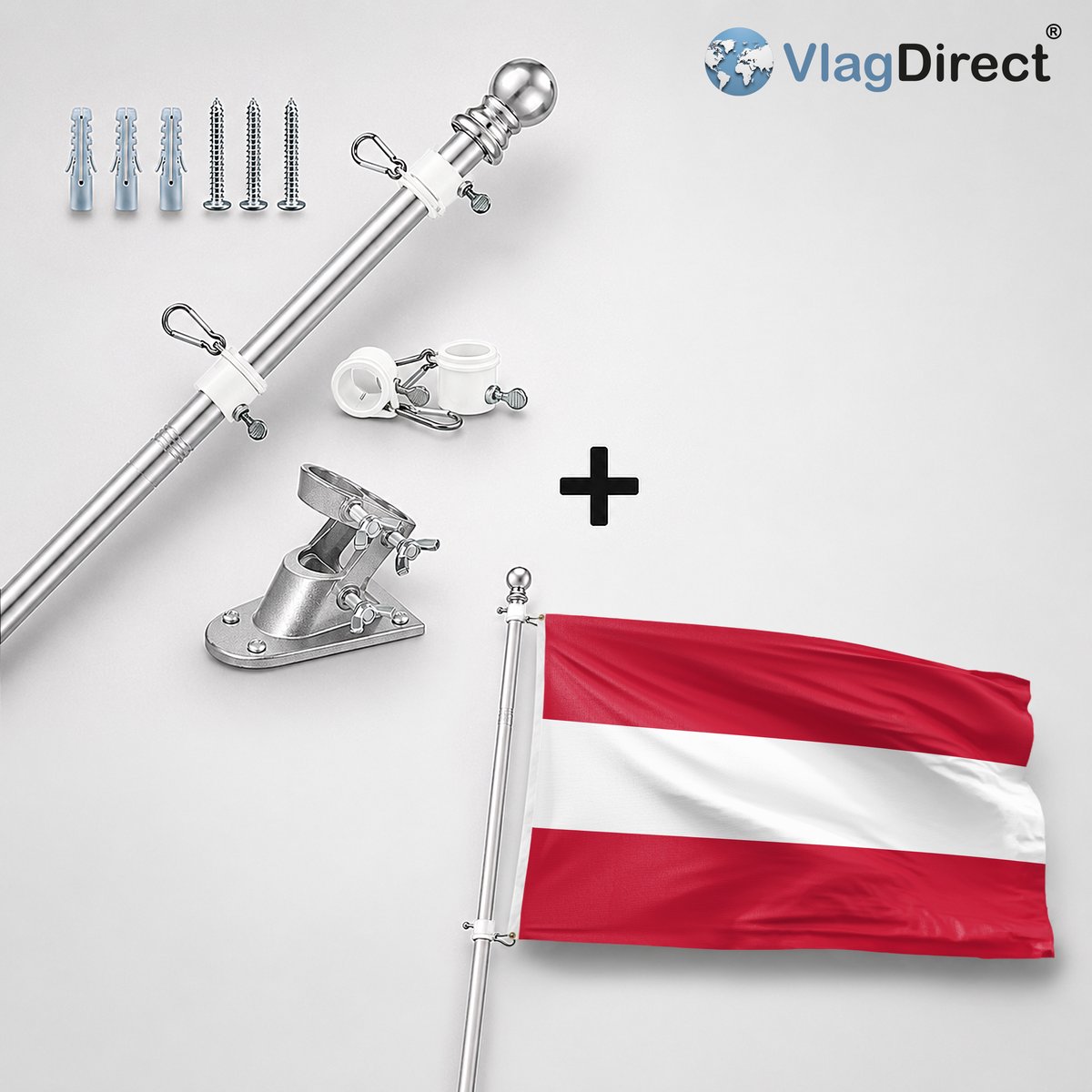 VlagDirect - Compleet vlaggenpakket - Zilveren vlaggenstok inclusief vlaggenstokhouder + Oostenrijkse vlag - Oostenrijk vlag - 90 x 150 cm.