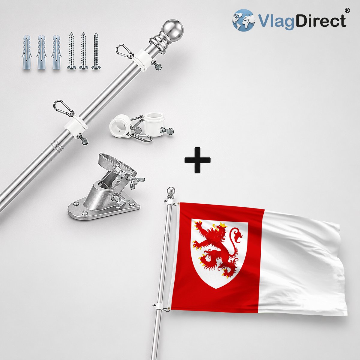 VlagDirect - Compleet vlaggenpakket - Zilveren vlaggenstok inclusief vlaggenstokhouder + Gemeente Sprimont vlag - 90 x 150 cm.