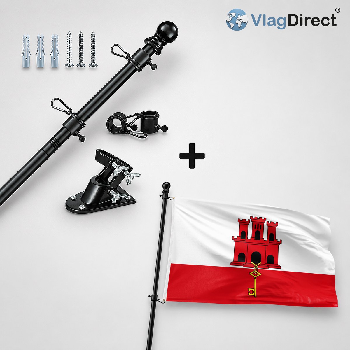 VlagDirect - Compleet vlaggenpakket - Zwarte vlaggenstok inclusief vlaggenstokhouder + Gibraltarese vlag - Gibraltar vlag - 90 x 150 cm