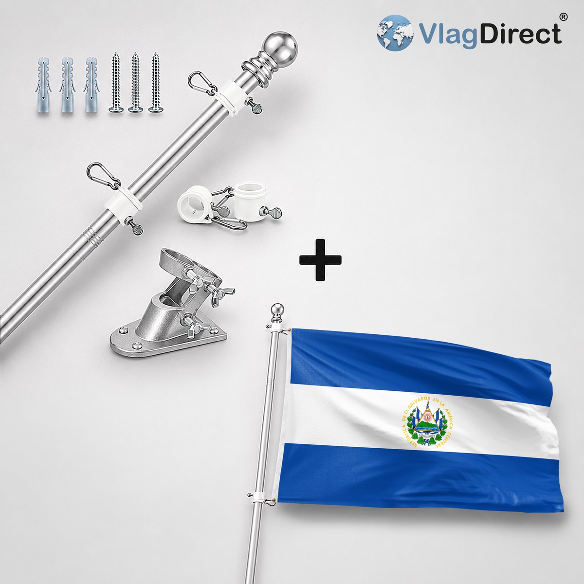 VlagDirect - Compleet vlaggenpakket - Zilveren vlaggenstok inclusief vlaggenstokhouder + Salvadoraanse vlag - El Salvador vlag - 90 x 150 cm.