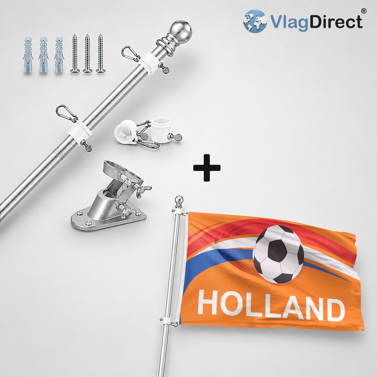 VlagDirect - Compleet vlaggenpakket - Zilveren vlaggenstok inclusief vlaggenstokhouder + Oranje Holland Voetbal vlag - Nederlands elftal vlag - 90 x 150 cm.