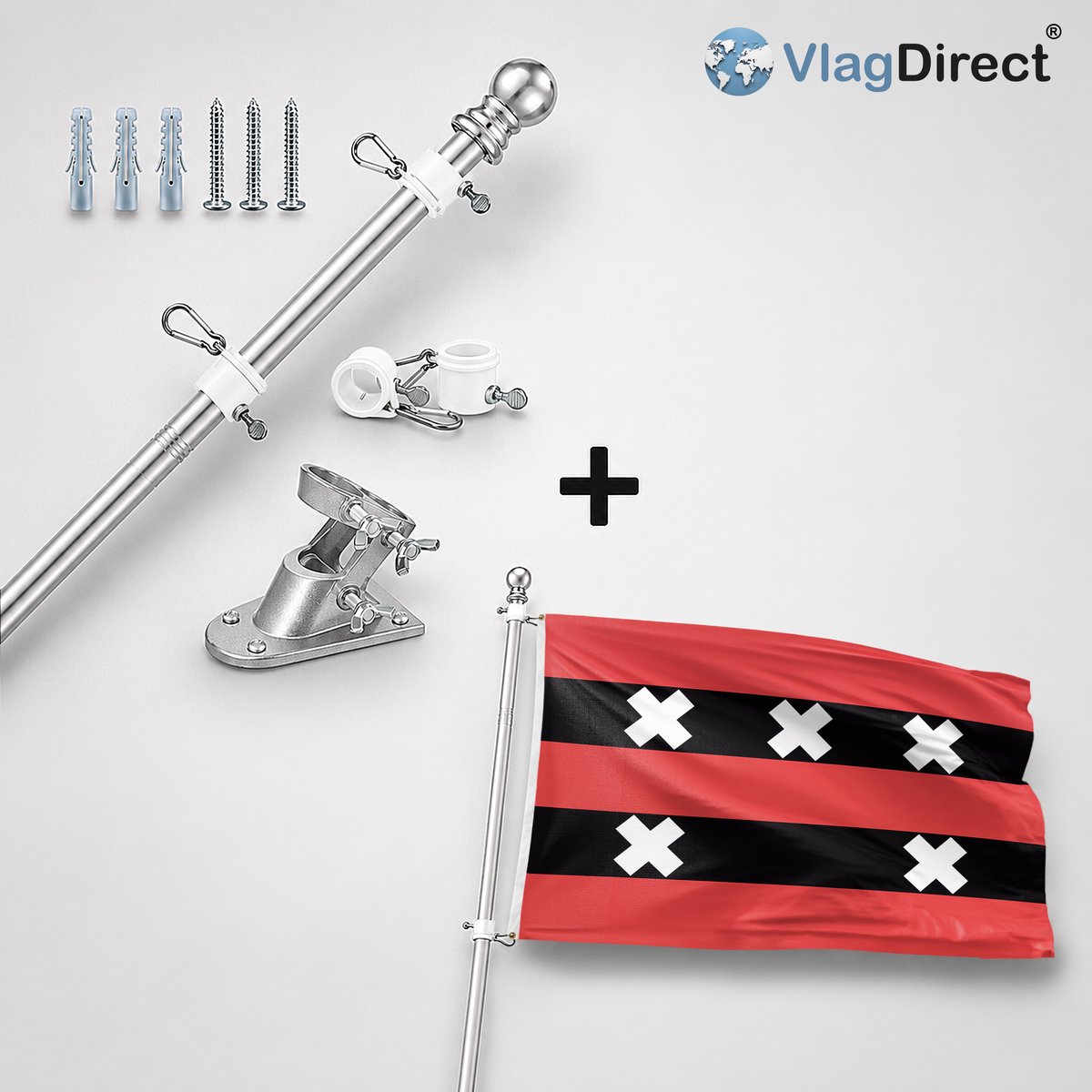 VlagDirect - Compleet vlaggenpakket - Zilveren vlaggenstok inclusief vlaggenstokhouder + Ouder-Amstel vlag - Gemeente Ouder-Amstel vlag - 90 x 150 cm.