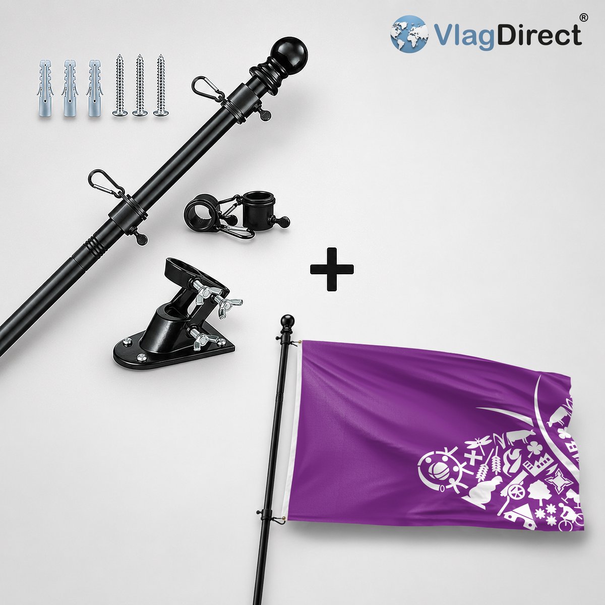 VlagDirect - Compleet vlaggenpakket - Zwarte vlaggenstok inclusief vlaggenstokhouder + Oost Gelre vlag - Gemeente Oost Gelre vlag - 90 x 150 cm.
