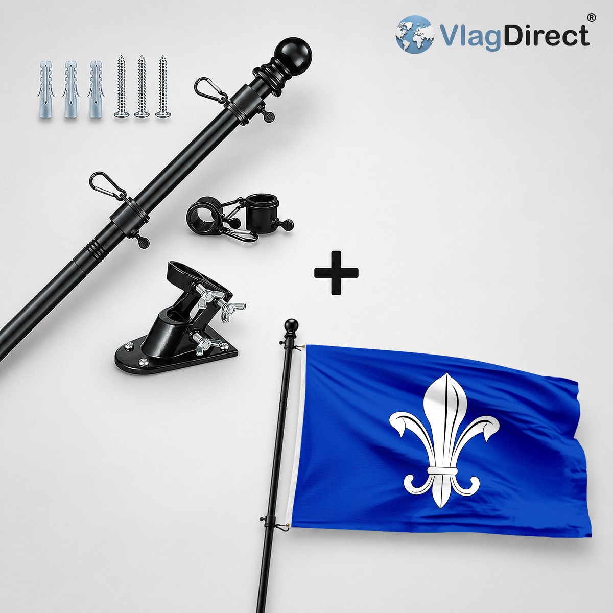 VlagDirect - Compleet vlaggenpakket - Zwarte vlaggenstok inclusief vlaggenstokhouder + Mesense vlag - Gemeente Mesen vlag - 90 x 150 cm.