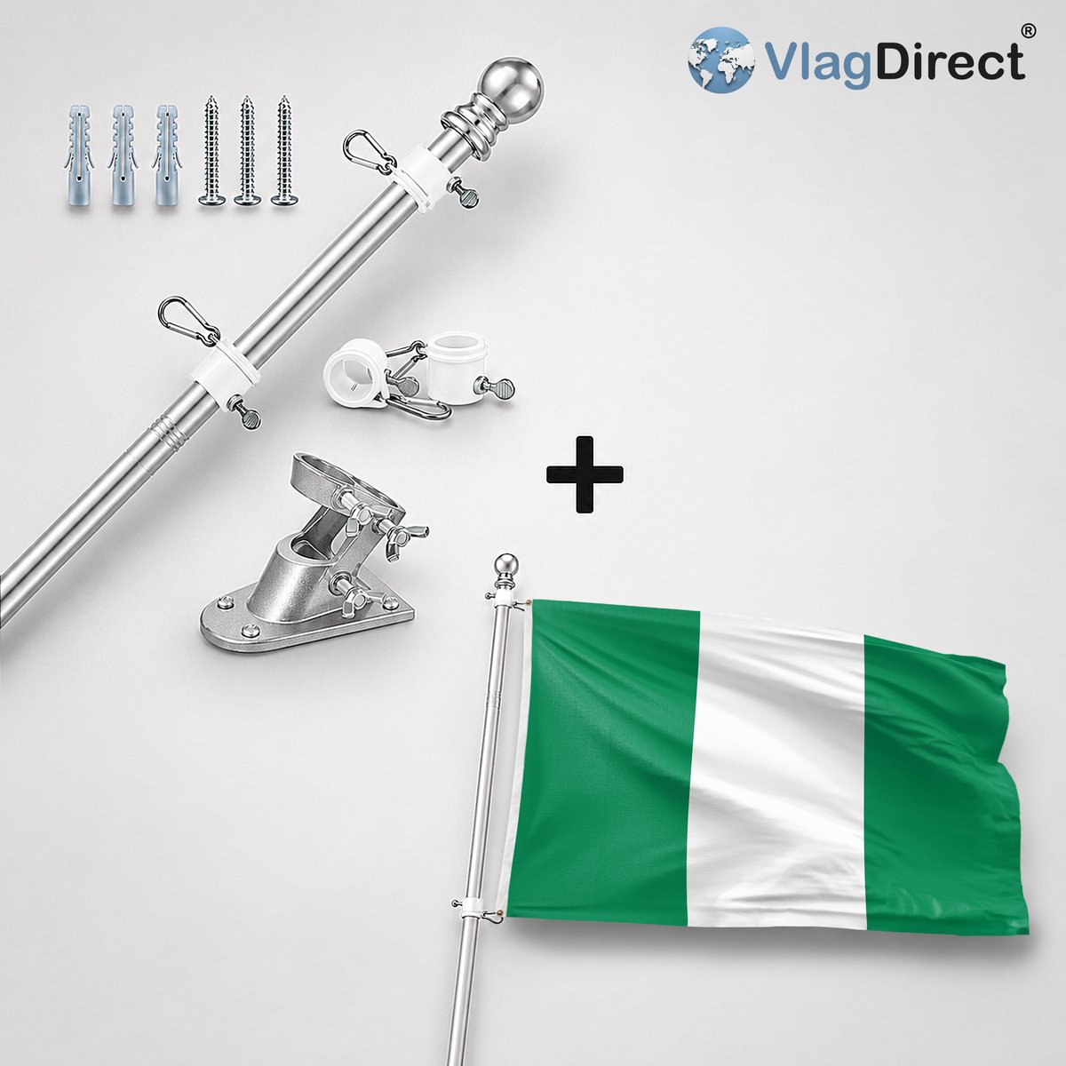 VlagDirect - Compleet vlaggenpakket - Zilveren vlaggenstok inclusief vlaggenstokhouder + Nigeriaanse vlag -Nigeria vlag - 90 x 150 cm.