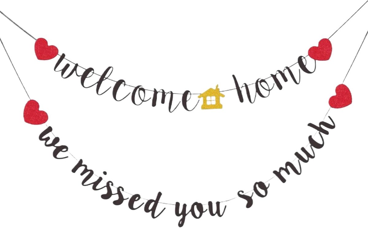 SnelShoppen - Zwarte Welkom Terug Decoratieset - Feestdecoratie, Banner, Thuisdecoratie met Rode Harten - Duurzaam Materiaal voor Familiefeesten en Ve